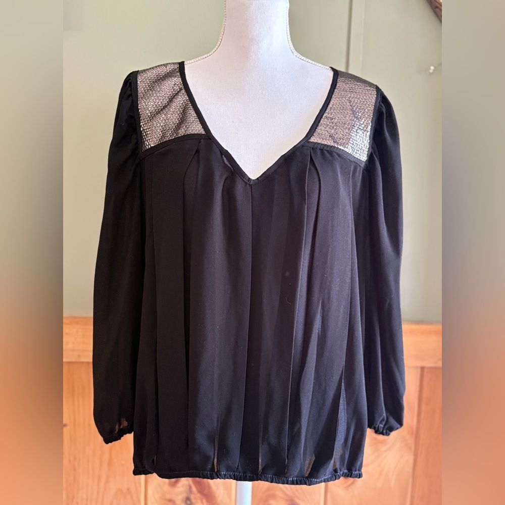 Sophie Max Black V-Neck Blouse with Silver Accents size Large NWT